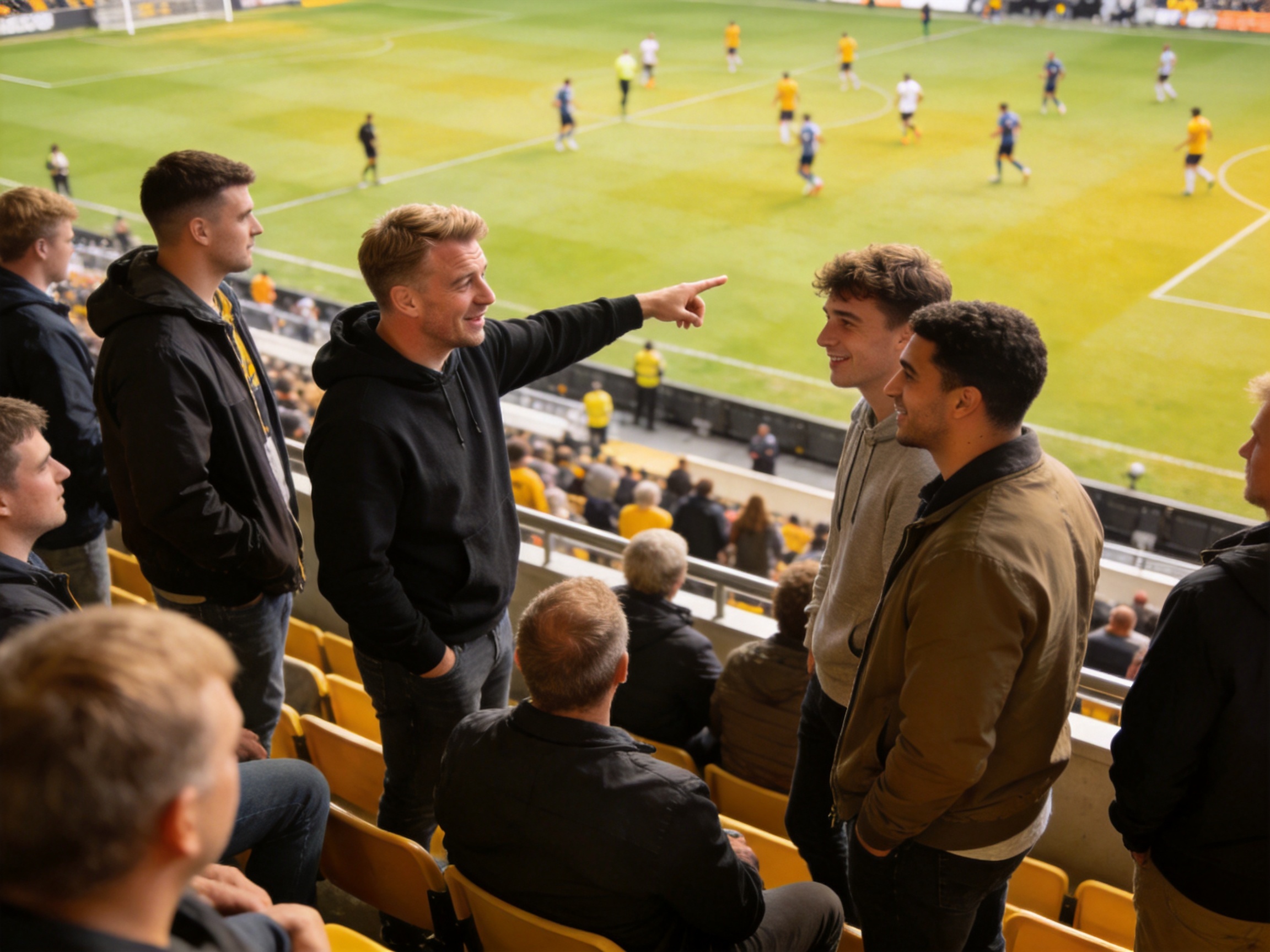 球迷在观赛现场交流讨论比赛画面